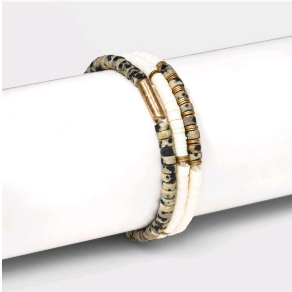 Semi precious Dalmatian Japer Heishi mutli-strand bracelet set cream/brown